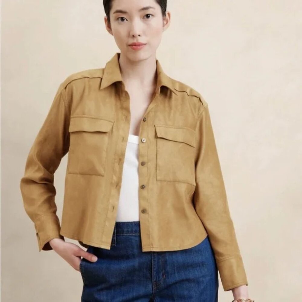 Banana Republic Factory Camel Vegan Suede Cropped Button Up Shirt, XXL, NWT